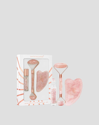 Kasvopyörä + gua sha -laatta + roll-on -pullo Ruusukvartsi kauneussetti Crystallove - 1