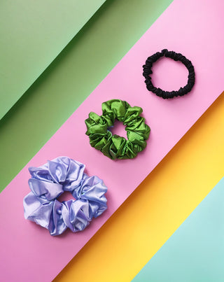 Setti 100% luonnon silkki hiuslenkkejä - violetti, vihreä, musta Twisty 3 kpl. - 3