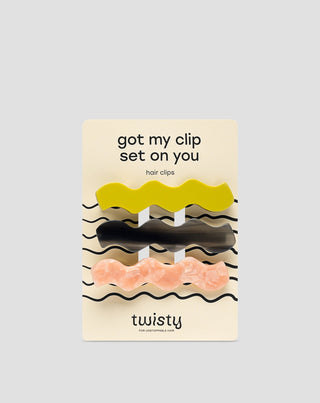 Setti aaltoilevia hiusklipsejä - vihreä, musta, vaaleanpunainen Twisty 3 kpl. - 1