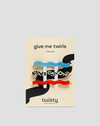 Sarja aaltoilevia hiuspinnejä marmoroitu, sininen, punainen Twisty 3 kpl. - 1