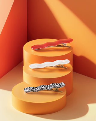 Setti aaltoilevia hiusklipsejä - punainen, marmoroitu, helmi Twisty 3 kpl. - 2