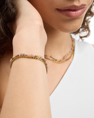 Kullatusta ruostumattomasta teräksestä valmistettu kaulakoru, jossa on vaaleanpunaista ja sitruunaista jadea Mys_2 - 3