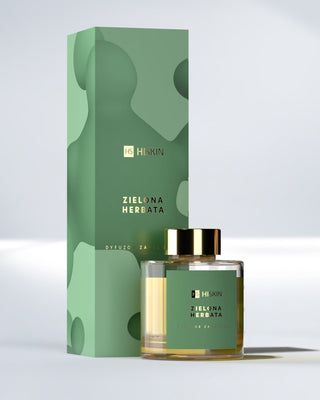 Tuoksudiffuusori lasipullossa, jossa on luonnon rottinkitikkuja HiSkinin vihreän teen tuoksulla. - 1