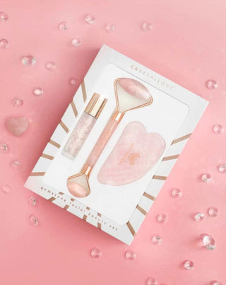 Kasvorulla + gua sha -levy + roll-on-pullo Ruusukvartsikauneussetti Crystallove - 2