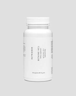 Betaiini HCl 475 mg ruoansulatuksen tueksi, turvotukseen, raskauden tunteeseen ja alhaiseen mahalaukun happamuuteen Nutridome 60 kapselia