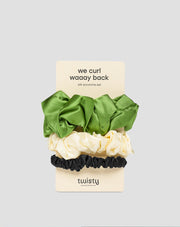 Setti 100 % luonnon silkkiä hiuslenkkejä - vihreä, kerma, musta Twisty 3 kpl.