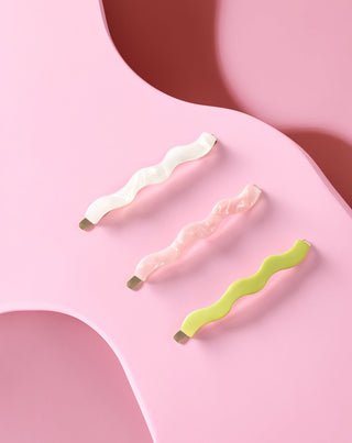 Setti aaltoilevia hiuspinnejä helmi, vihreä, vaaleanpunainen Twisty 3 kpl. - 2