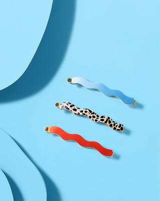 Sarja aaltoilevia hiuspinnejä marmoroitu, sininen, punainen Twisty 3 kpl. - 2