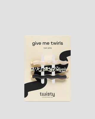 Aaltoilevien hiuspinnien setti - marmoroitu, helmi, musta Twisty 3 kpl. - 1